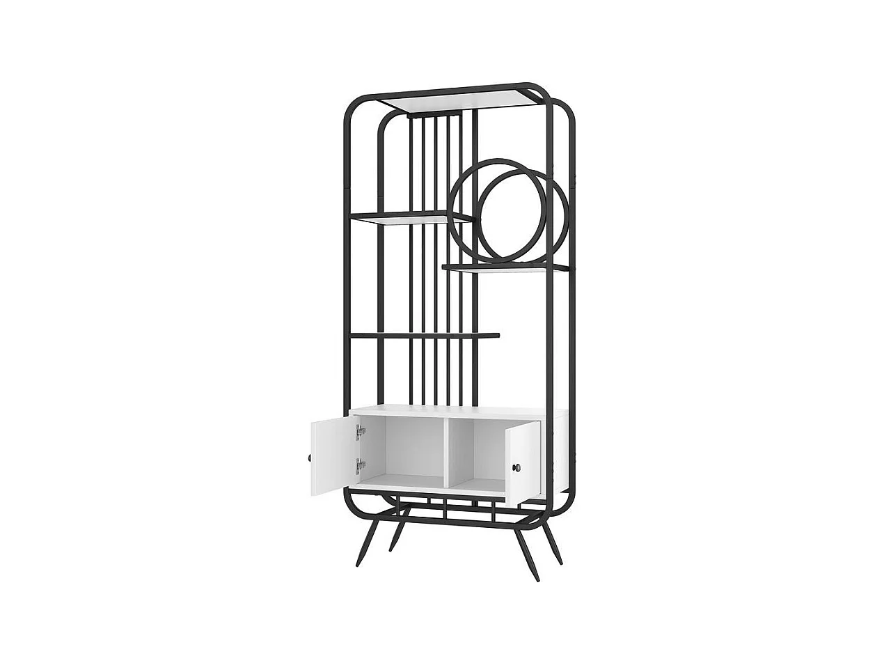 Étagère métallique à double porte trois étagères étagère métallique pieds métalliques hauts décoration ronde blanc + noir