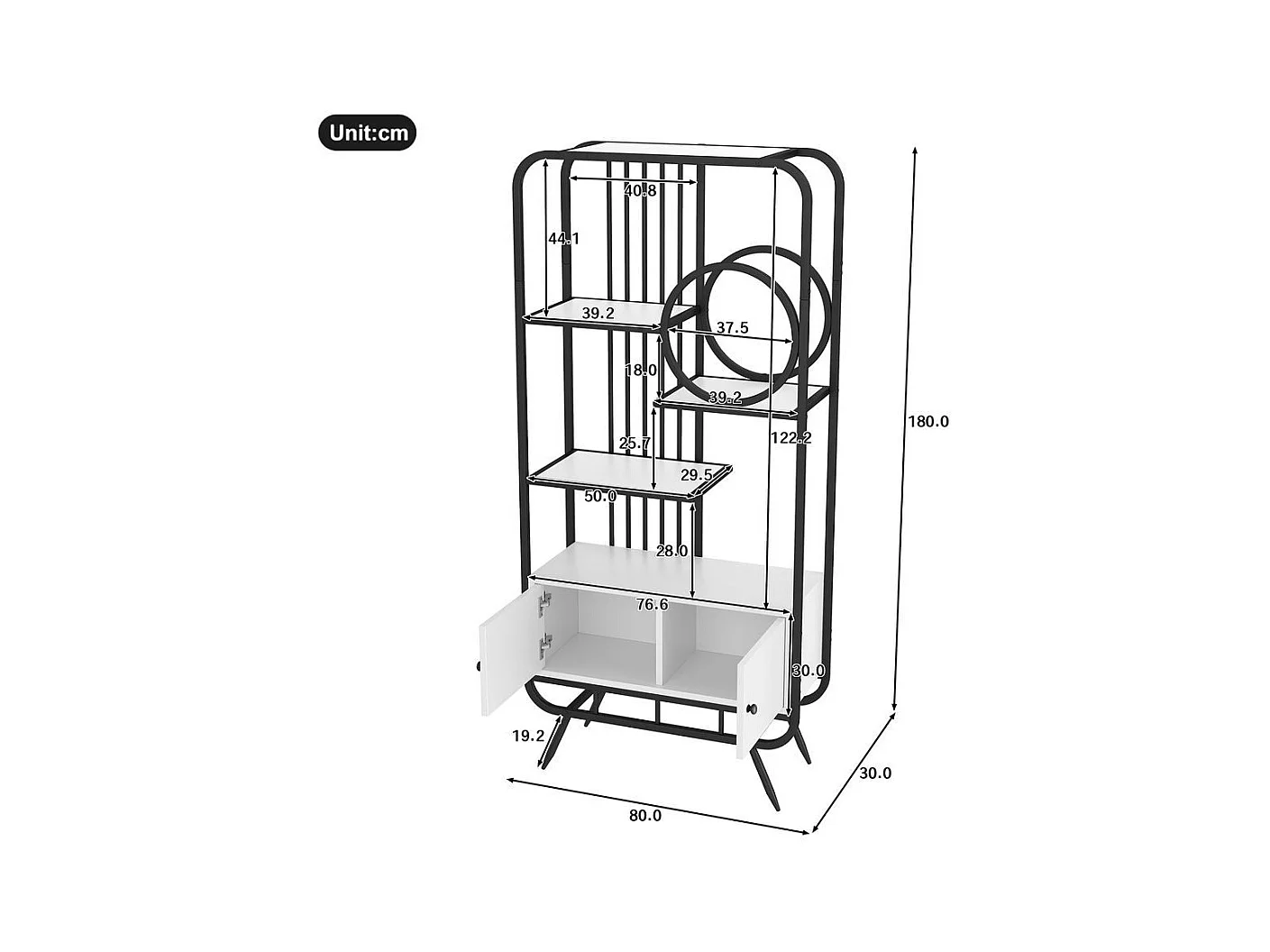 Étagère métallique à double porte trois étagères étagère métallique pieds métalliques hauts décoration ronde blanc + noir
