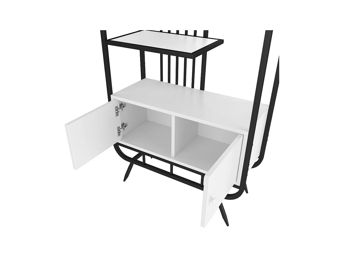 Étagère métallique à double porte trois étagères étagère métallique pieds métalliques hauts décoration ronde blanc + noir