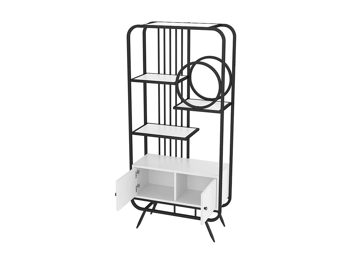 Étagère métallique à double porte trois étagères étagère métallique pieds métalliques hauts décoration ronde blanc + noir