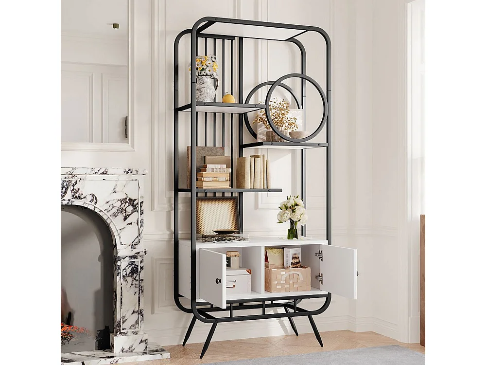 Étagère métallique à double porte trois étagères étagère métallique pieds métalliques hauts décoration ronde blanc + noir