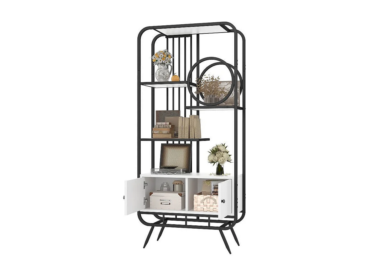 Étagère métallique à double porte trois étagères étagère métallique pieds métalliques hauts décoration ronde blanc + noir