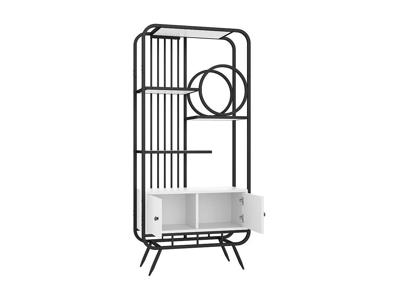 Étagère métallique à double porte trois étagères étagère métallique pieds métalliques hauts décoration ronde blanc + noir