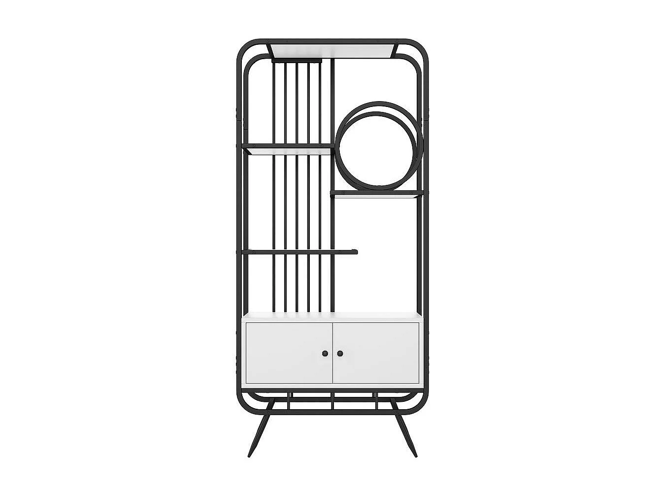 Étagère métallique à double porte trois étagères étagère métallique pieds métalliques hauts décoration ronde blanc + noir
