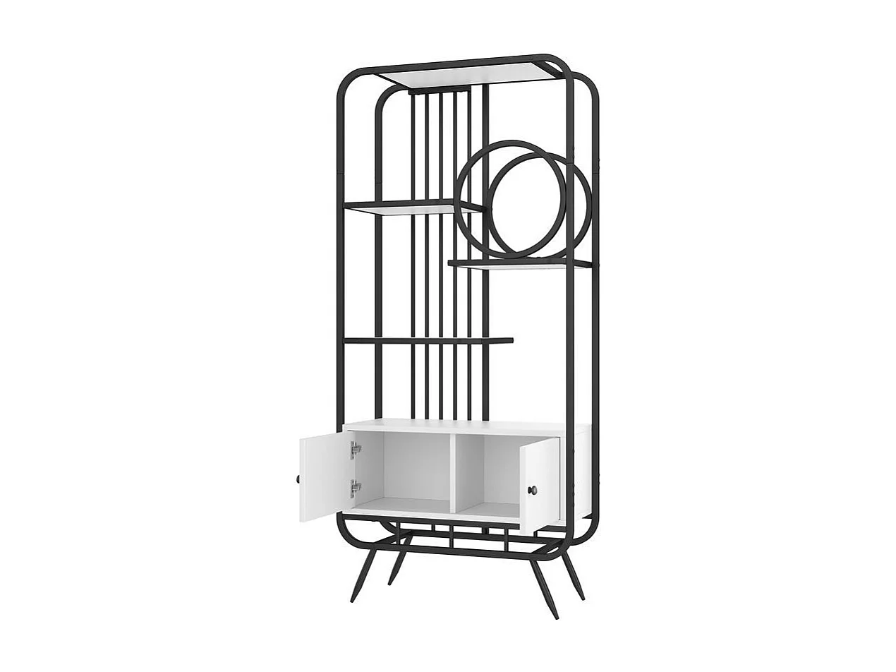 Étagère métallique à double porte trois étagères étagère métallique pieds métalliques hauts décoration ronde blanc + noir