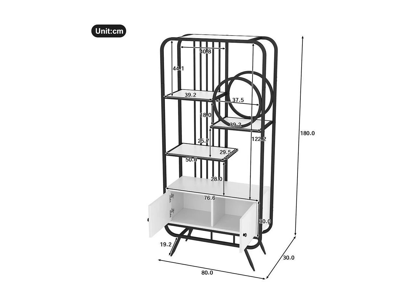Étagère métallique à double porte trois étagères étagère métallique pieds métalliques hauts décoration ronde blanc + noir