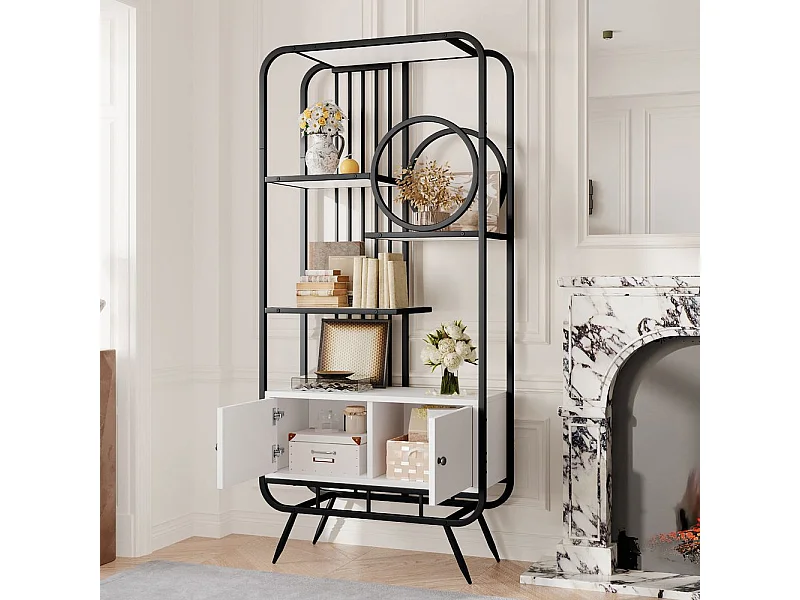 Étagère métallique à double porte trois étagères étagère métallique pieds métalliques hauts décoration ronde blanc + noir