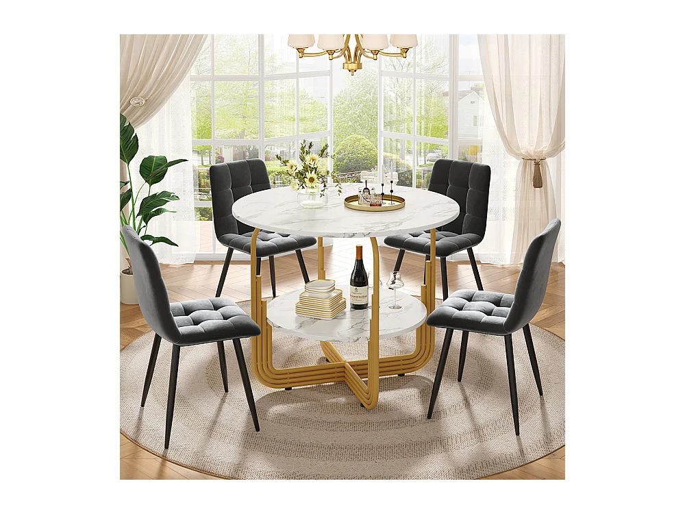 Ensemble table à manger 5 pièces 4 chaises moderne table ronde 80cm pieds dorés plateau marbré chaises gris