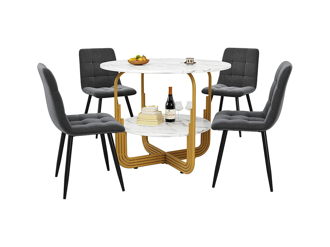 Ensemble table à manger 5 pièces 4 chaises moderne table ronde 80cm pieds dorés plateau marbré chaises gris