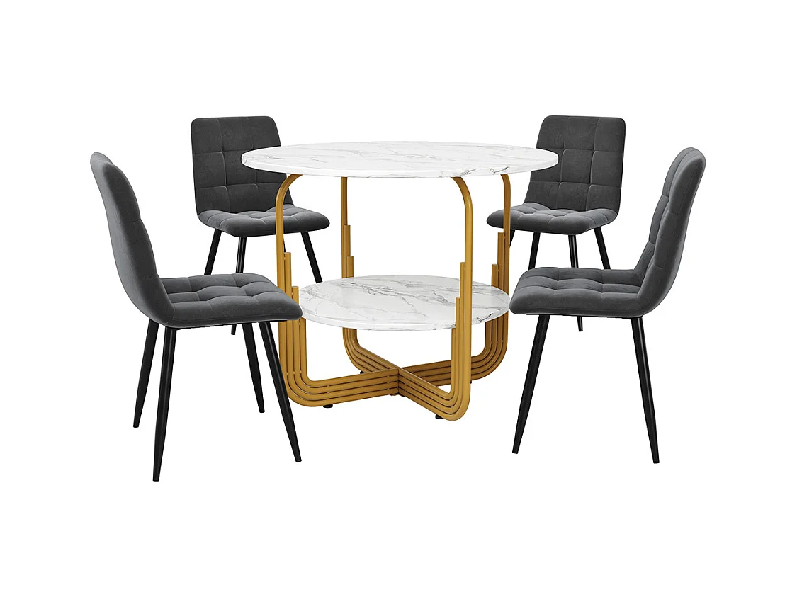 Ensemble table à manger 5 pièces 4 chaises moderne table ronde 80cm pieds dorés plateau marbré chaises gris