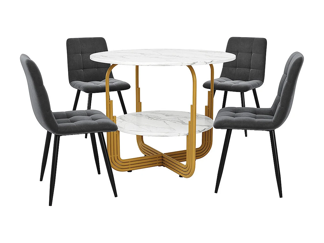 Ensemble table à manger 5 pièces 4 chaises moderne table ronde 80cm pieds dorés plateau marbré chaises gris