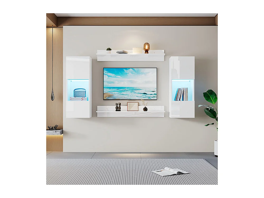 Étagère murale 4 pièces blanc LED portes verre trempé application éclairage intelligent