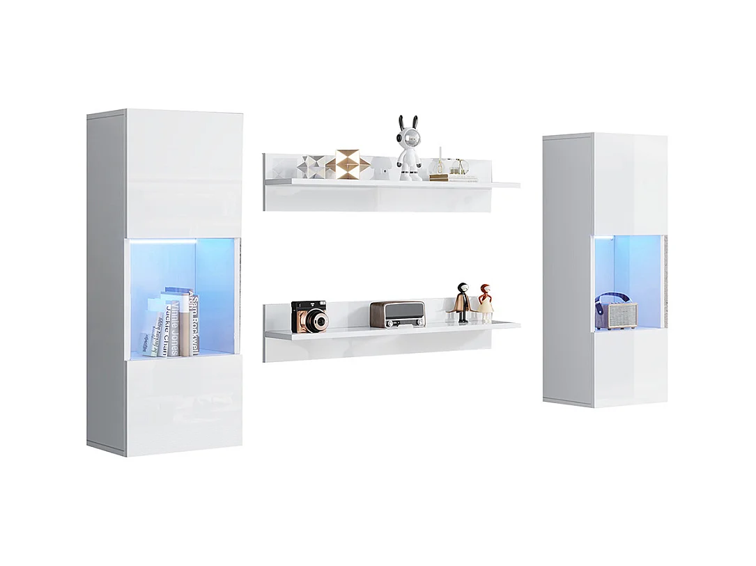 Étagère murale 4 pièces blanc LED portes verre trempé application éclairage intelligent