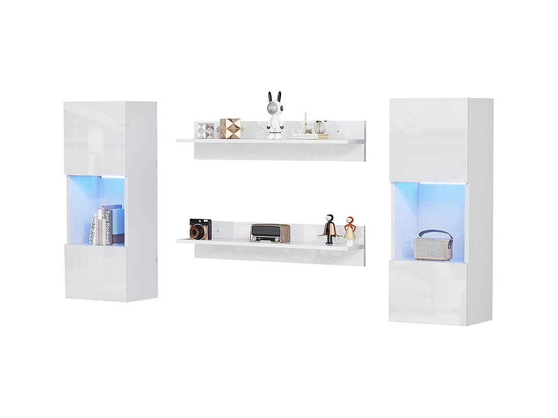 Étagère murale 4 pièces blanc LED portes verre trempé application éclairage intelligent