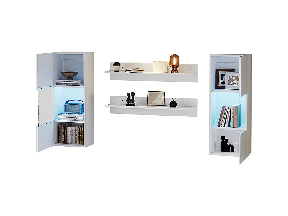 Étagère murale 4 pièces blanc LED portes verre trempé application éclairage intelligent