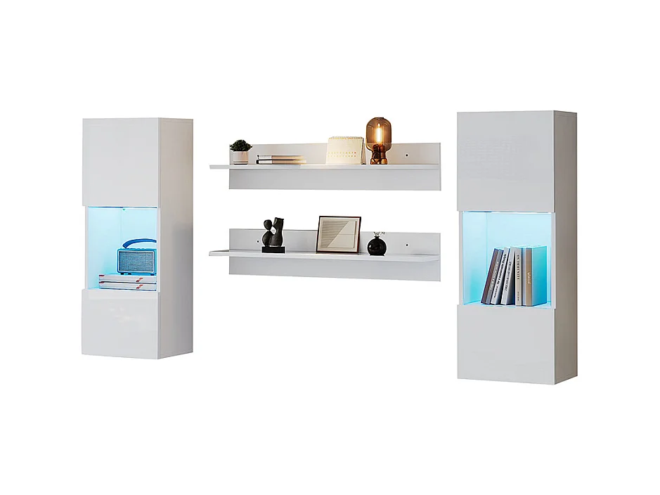 Étagère murale 4 pièces blanc LED portes verre trempé application éclairage intelligent