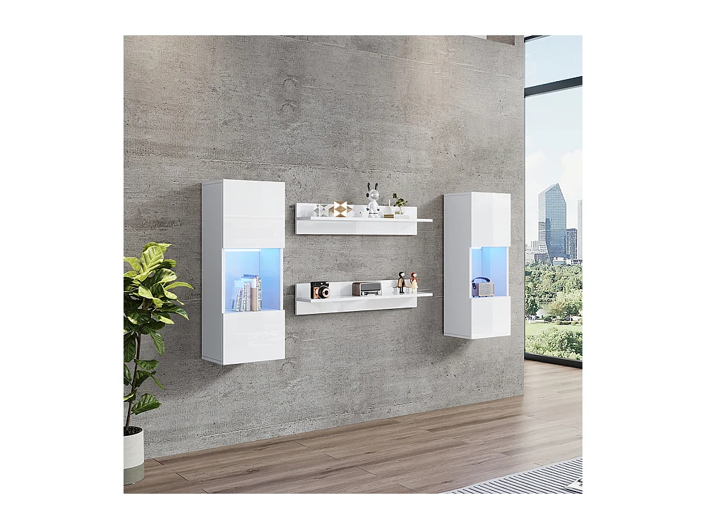 Étagère murale 4 pièces blanc LED portes verre trempé application éclairage intelligent