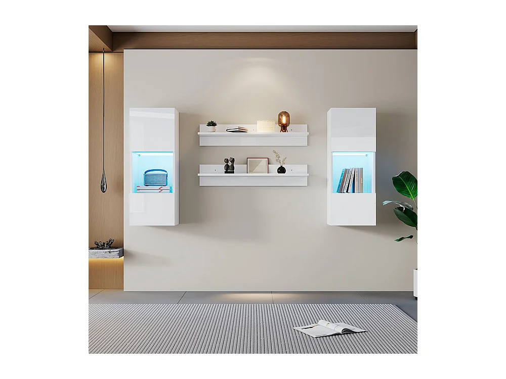 Étagère murale 4 pièces blanc LED portes verre trempé application éclairage intelligent
