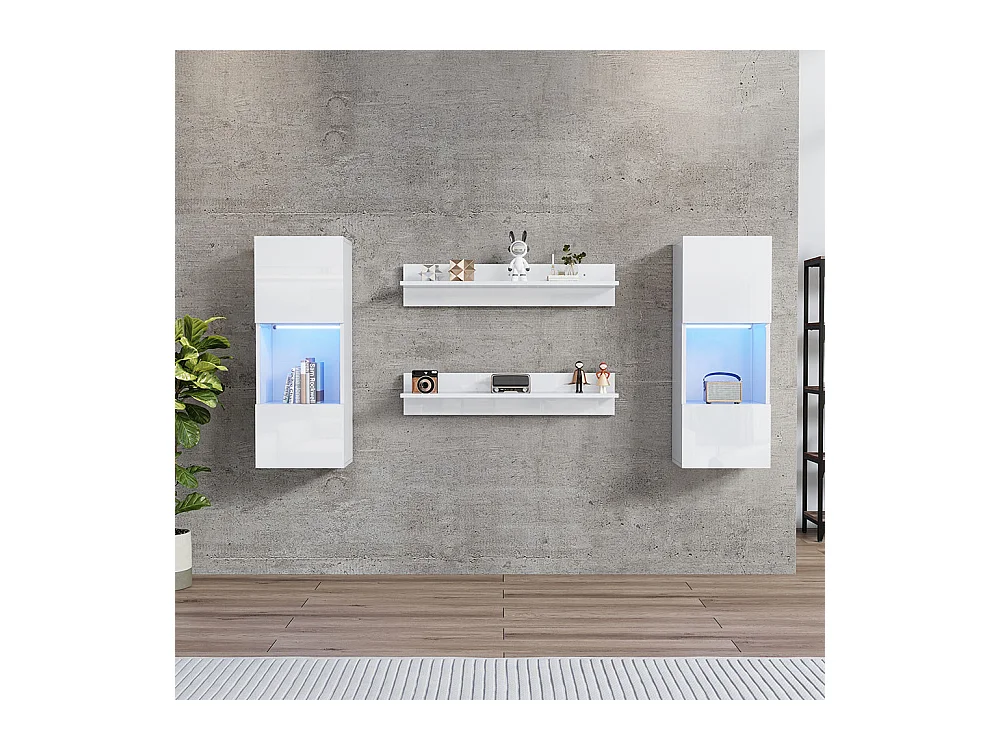 Étagère murale 4 pièces blanc LED portes verre trempé application éclairage intelligent