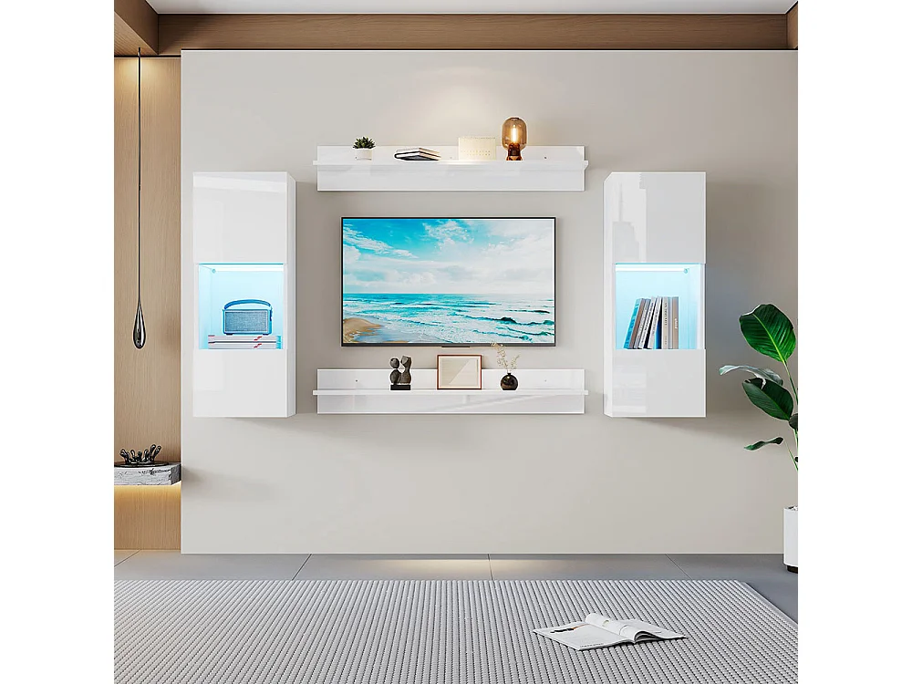 Étagère murale 4 pièces blanc LED portes verre trempé application éclairage intelligent