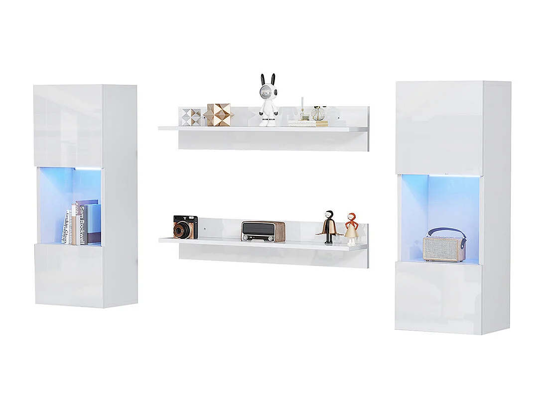 Étagère murale 4 pièces blanc LED portes verre trempé application éclairage intelligent