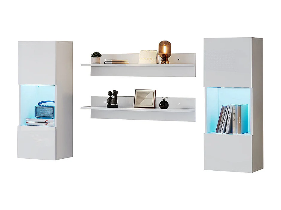 Étagère murale 4 pièces blanc LED portes verre trempé application éclairage intelligent