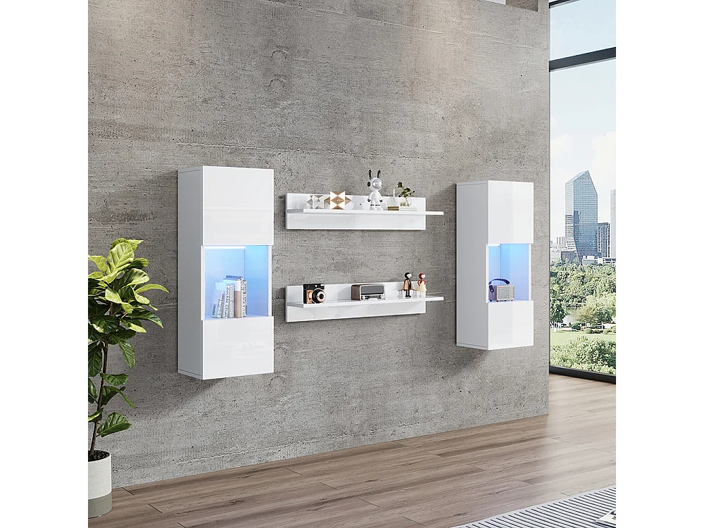 Étagère murale 4 pièces blanc LED portes verre trempé application éclairage intelligent