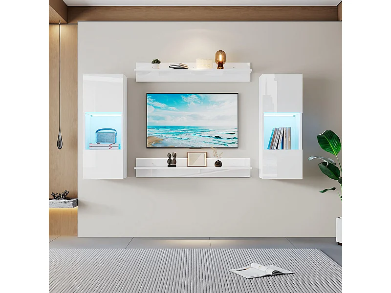 Étagère murale 4 pièces blanc LED portes verre trempé application éclairage intelligent