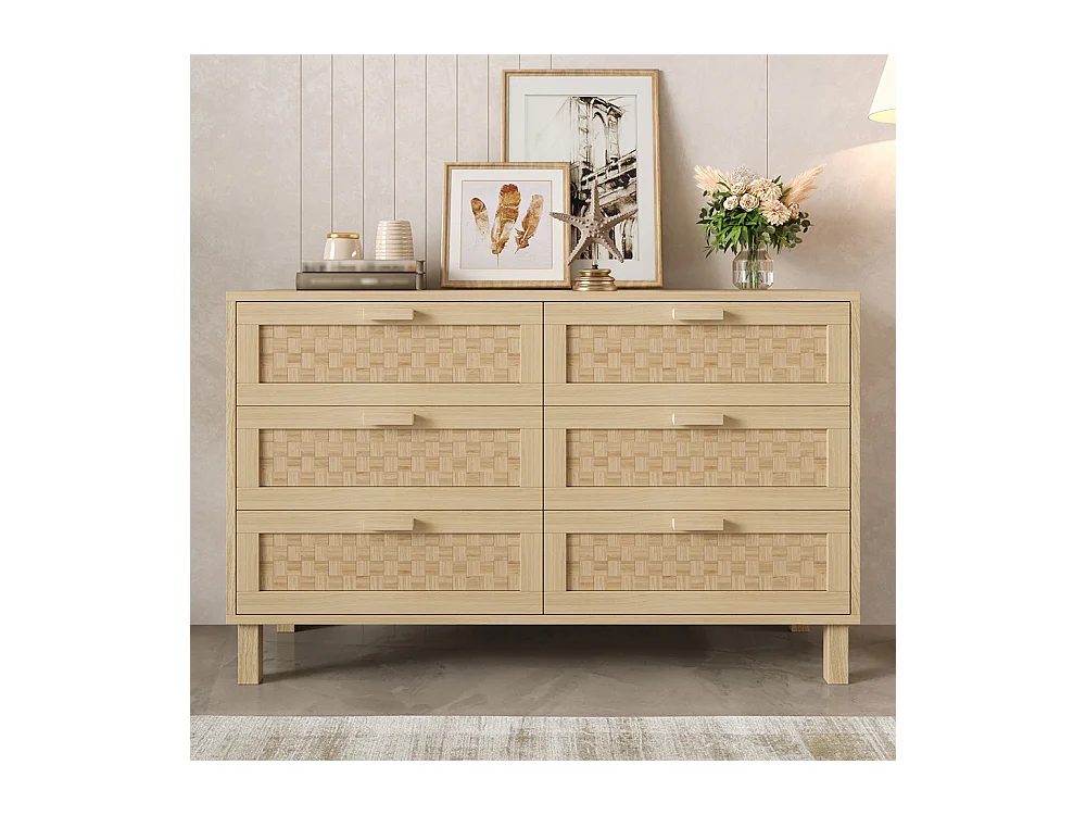 Commode bois naturel 6 tiroirs armoire chambre espace rangement aspect rotin