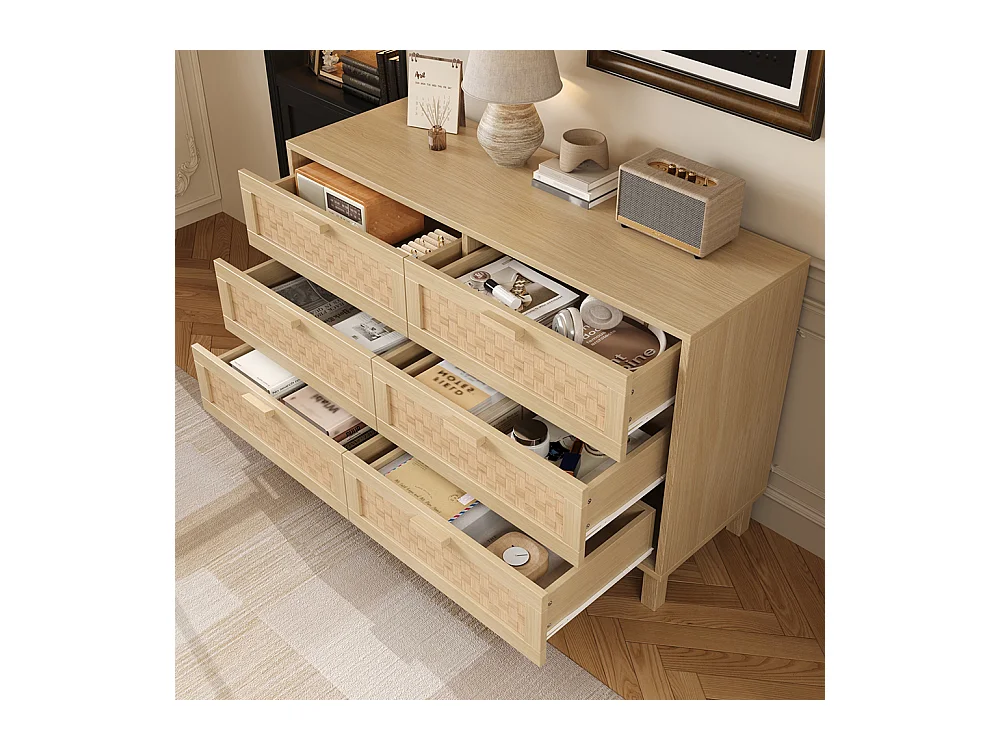 Commode bois naturel 6 tiroirs armoire chambre espace rangement aspect rotin