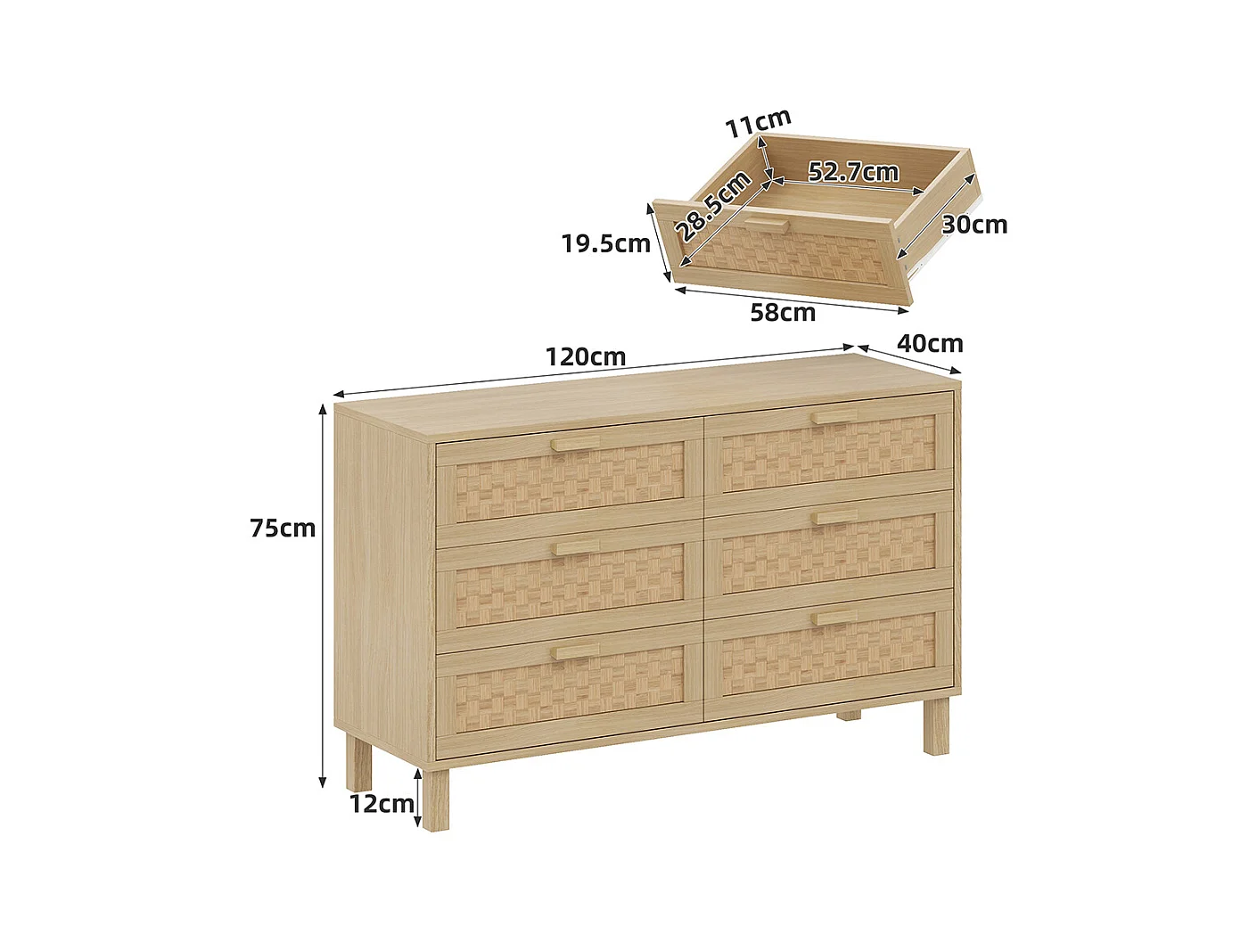 Commode bois naturel 6 tiroirs armoire chambre espace rangement aspect rotin