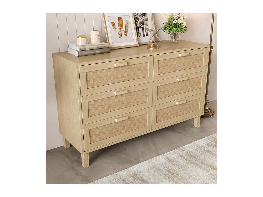 Commode bois naturel 6 tiroirs armoire chambre espace rangement aspect rotin