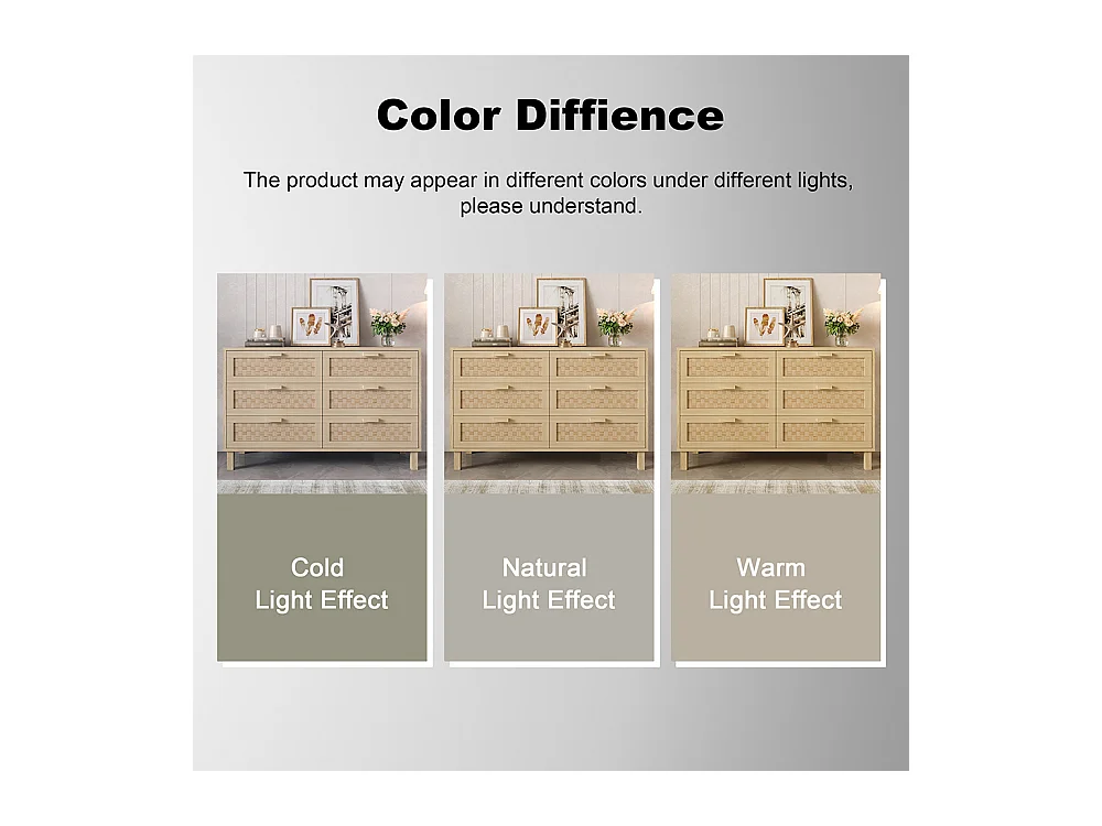 Commode bois naturel 6 tiroirs armoire chambre espace rangement aspect rotin