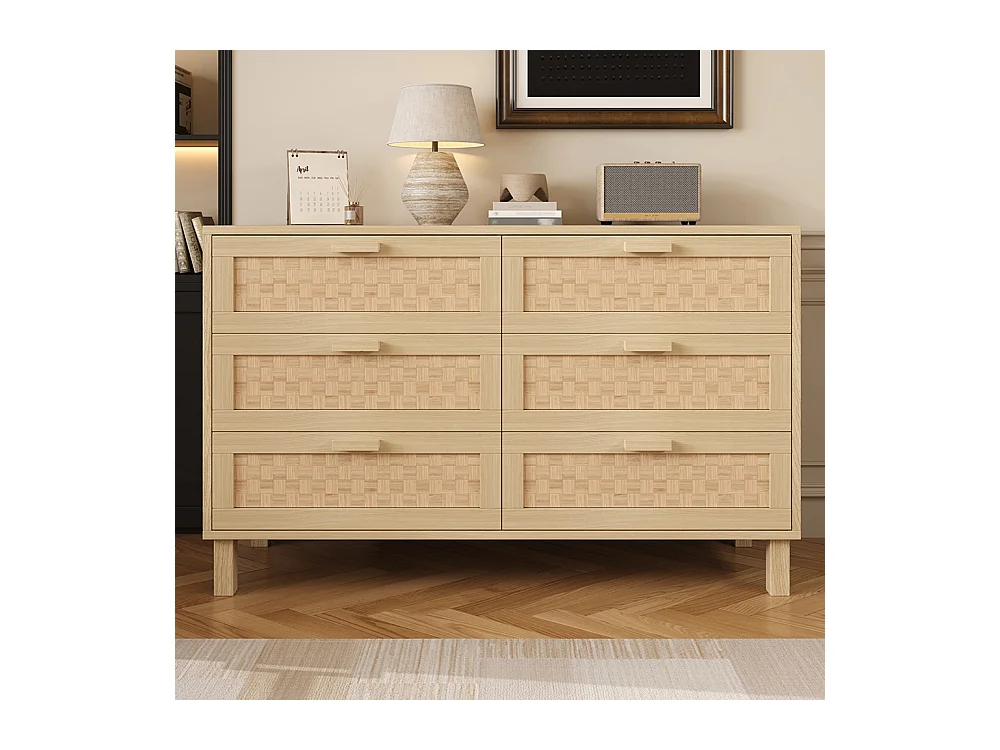 Commode bois naturel 6 tiroirs armoire chambre espace rangement aspect rotin