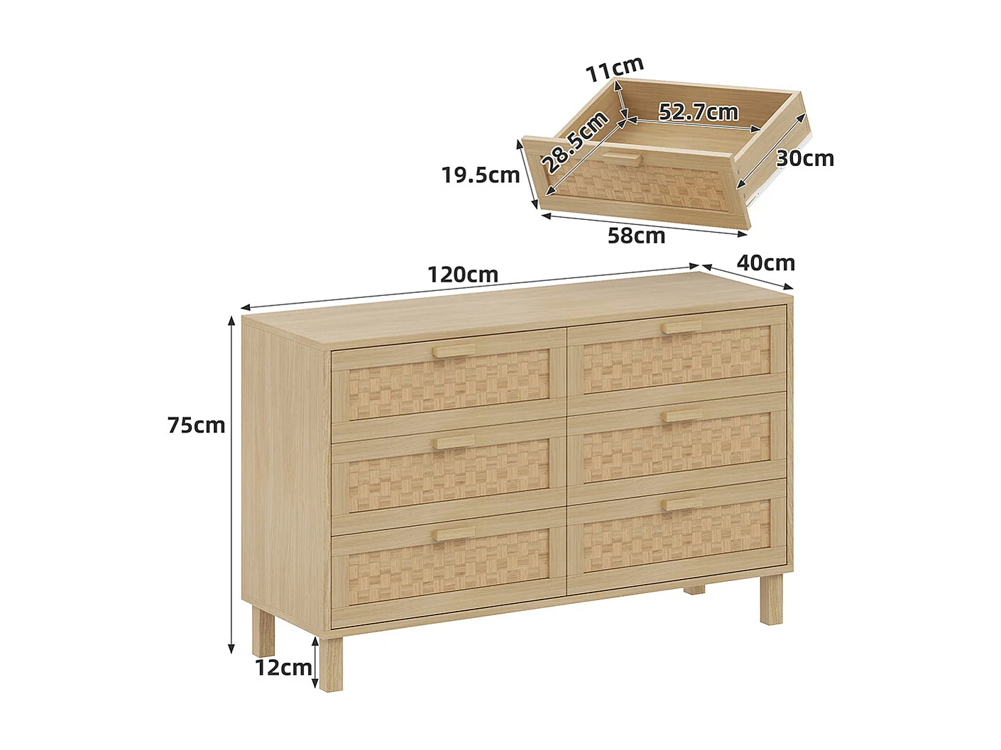 Commode bois naturel 6 tiroirs armoire chambre espace rangement aspect rotin