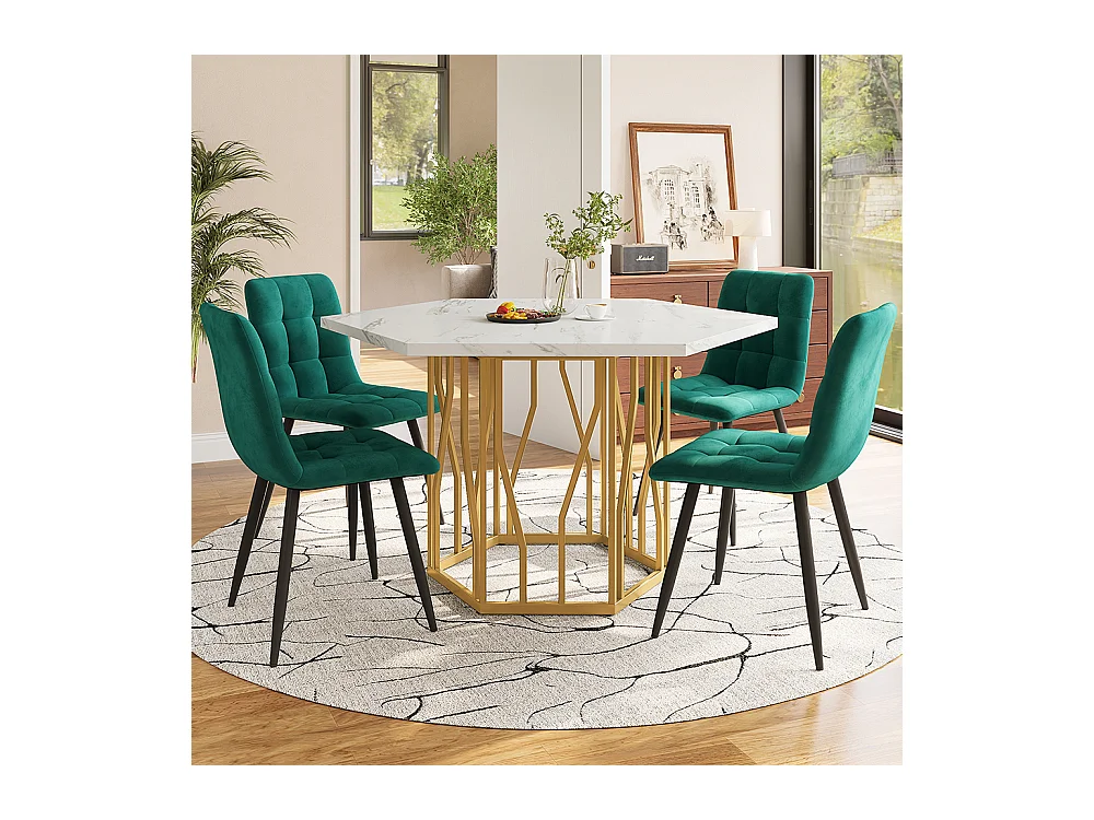 Ensemble table chaises 5 pièces table hexagonale marbre moderne 4 chaises velours vert pieds dorés