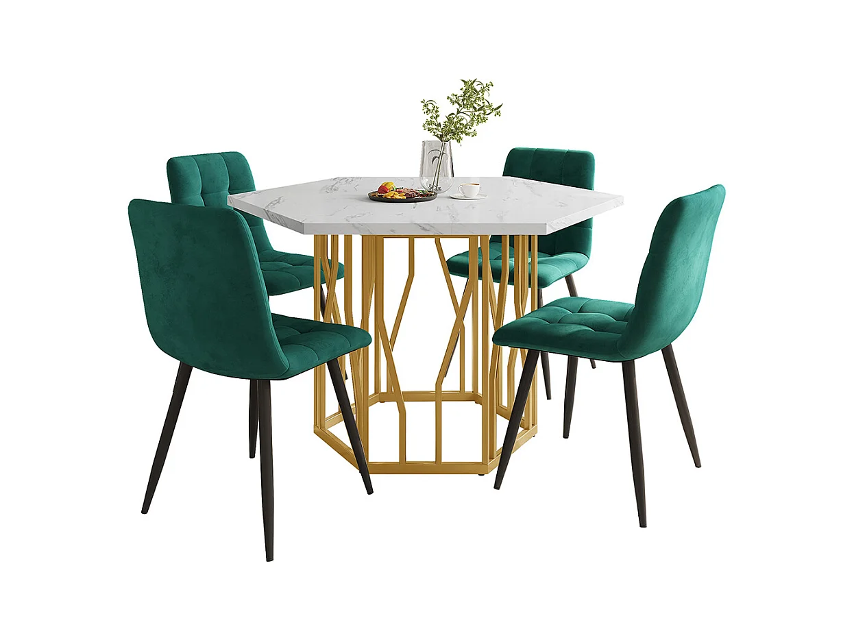 Ensemble table chaises 5 pièces table hexagonale marbre moderne 4 chaises velours vert pieds dorés