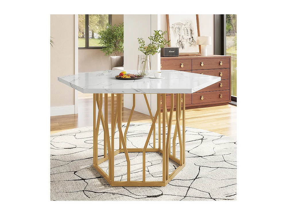 Ensemble table chaises 5 pièces table hexagonale marbre moderne 4 chaises velours vert pieds dorés