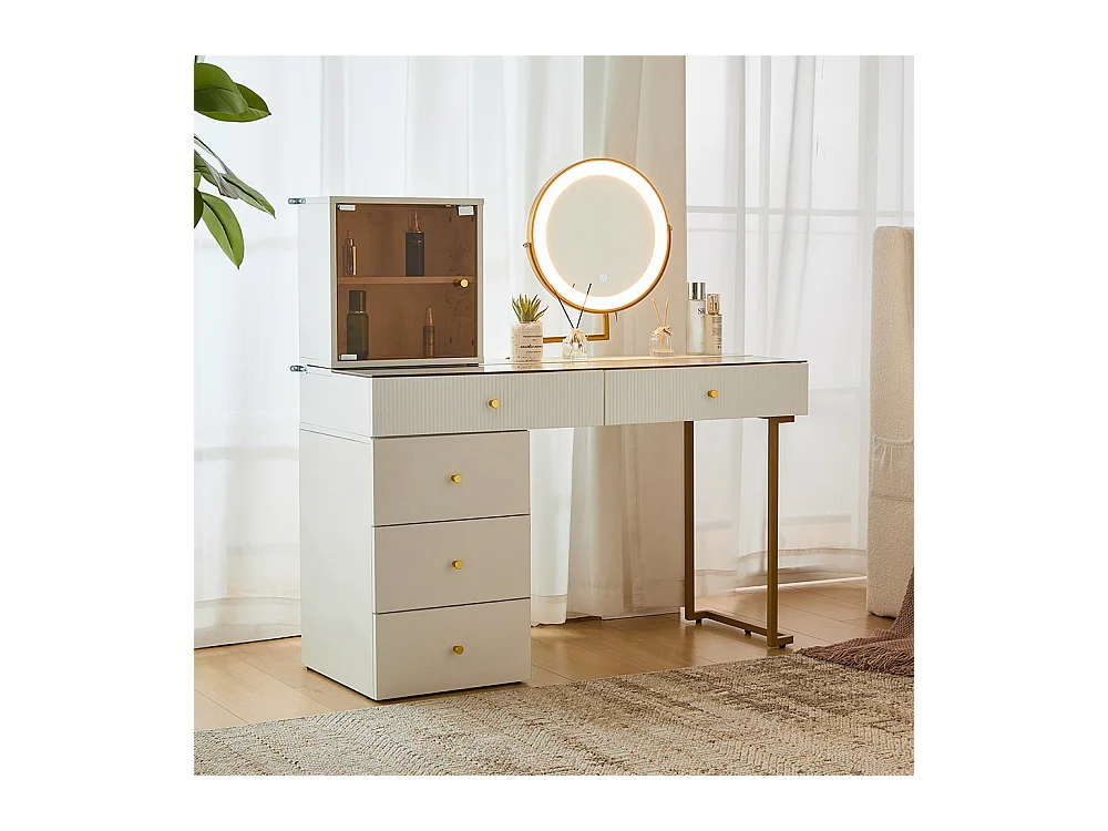 Coiffeuse blanc miroir LED éclairage plateau verre trempé armoire élégant sans tabouret