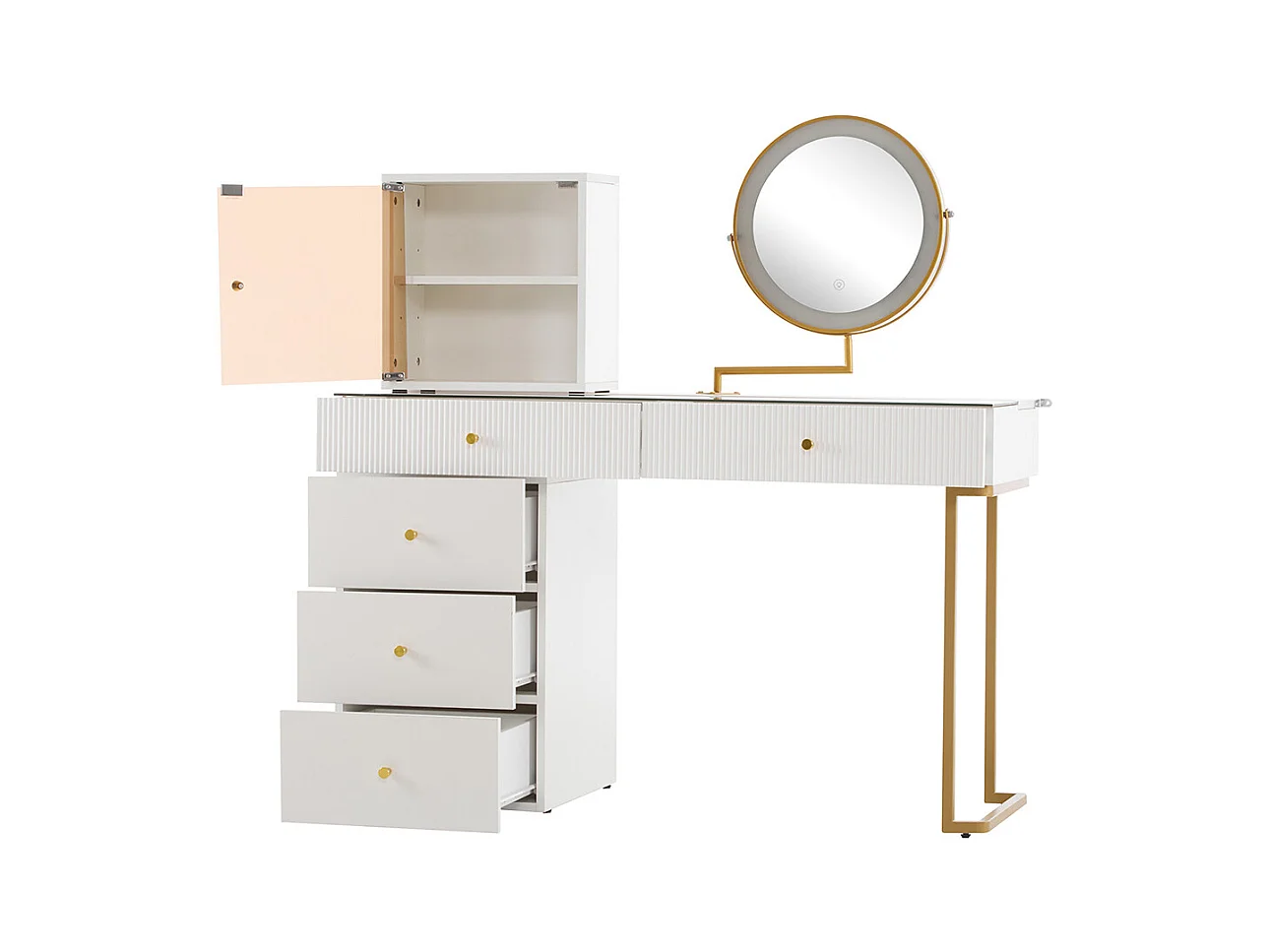Coiffeuse blanc miroir LED éclairage plateau verre trempé armoire élégant sans tabouret