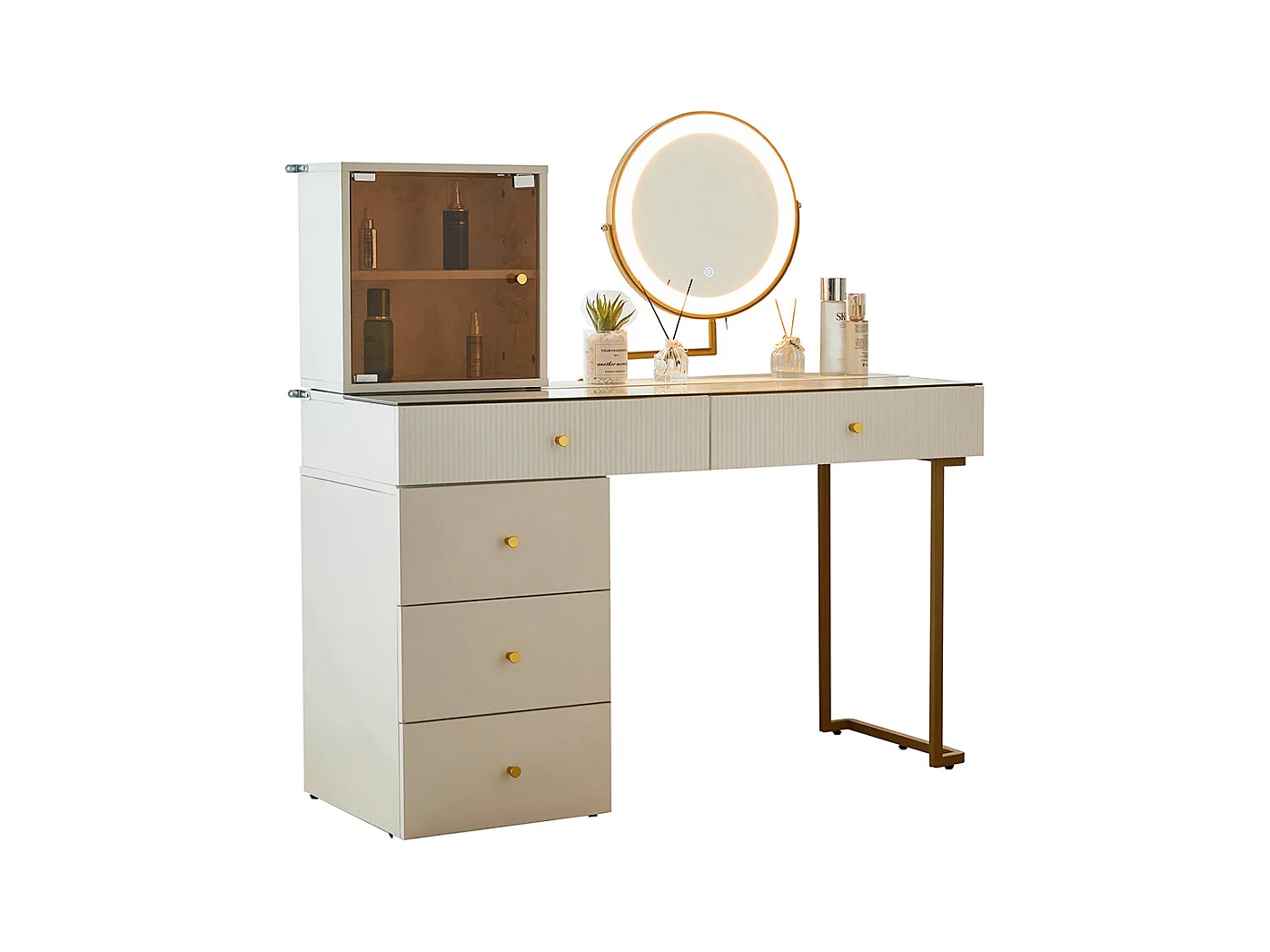 Coiffeuse blanc miroir LED éclairage plateau verre trempé armoire élégant sans tabouret