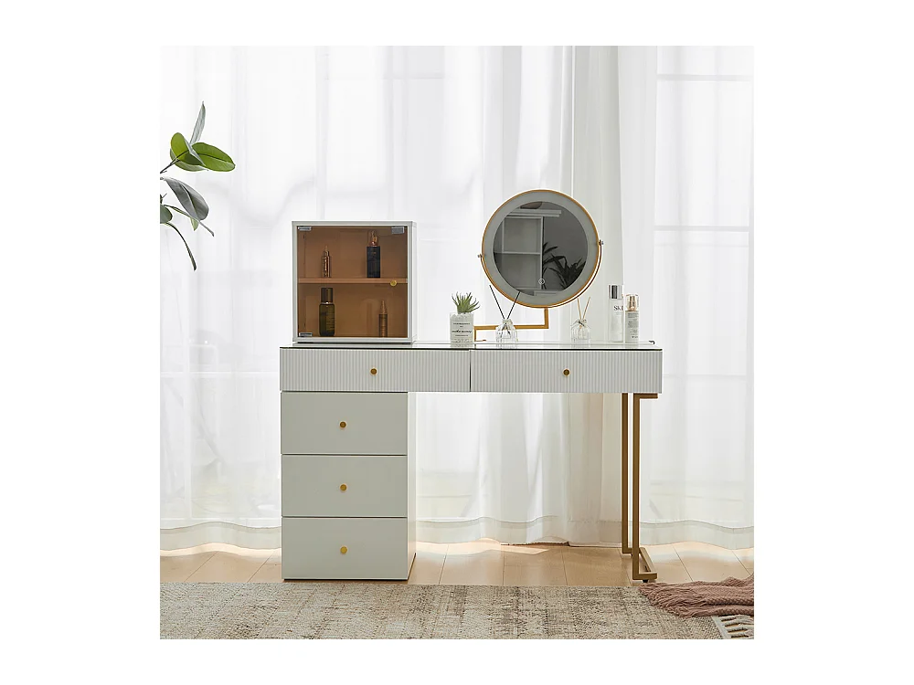 Coiffeuse blanc miroir LED éclairage plateau verre trempé armoire élégant sans tabouret