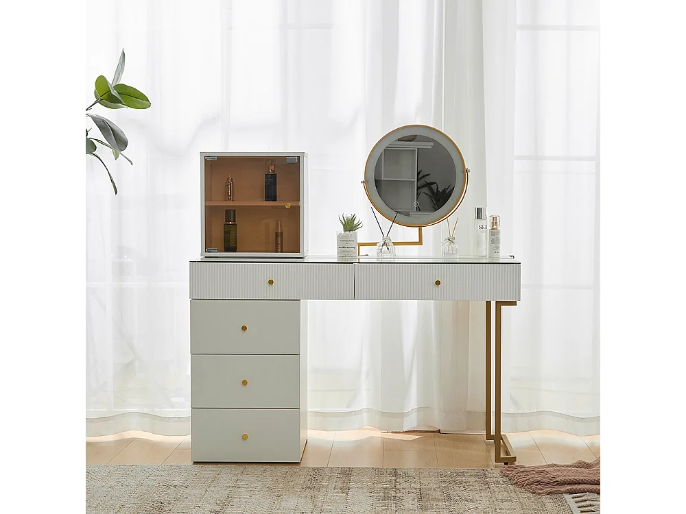 Coiffeuse blanc miroir LED éclairage plateau verre trempé armoire élégant sans tabouret