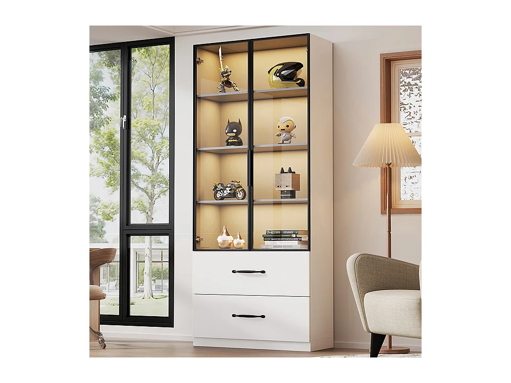 Vitrine LED verre bibliothèque armoire multifonction éclairage tiroirs aluminium portes verre trempé charnières douces LED multicolores