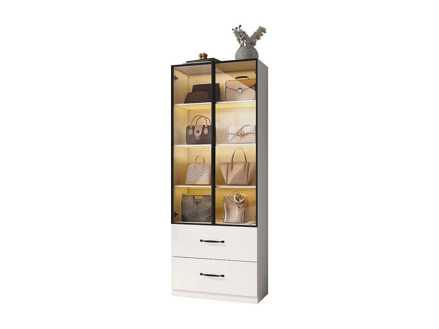 Vitrine LED verre bibliothèque armoire multifonction éclairage tiroirs aluminium portes verre trempé charnières douces LED multicolores