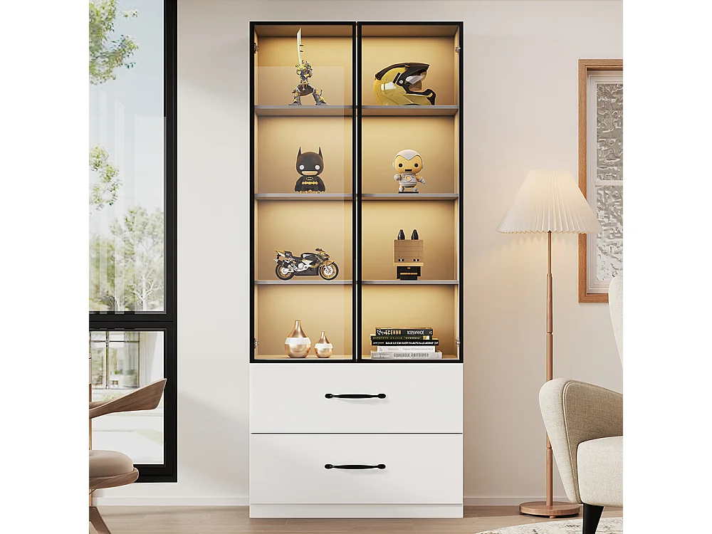 Vitrine LED verre bibliothèque armoire multifonction éclairage tiroirs aluminium portes verre trempé charnières douces LED multicolores
