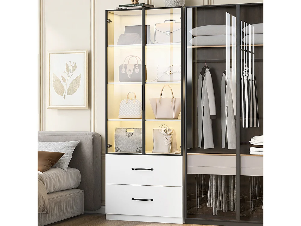 Vitrine LED verre bibliothèque armoire multifonction éclairage tiroirs aluminium portes verre trempé charnières douces LED multicolores