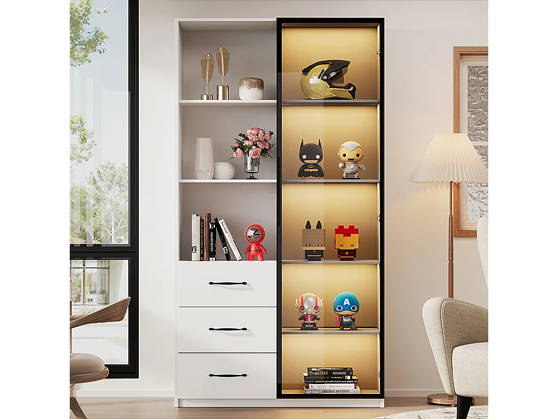 Vitrine LED bibliothèque porte verre trempé LED 3 tiroirs 3 compartiments aluminium LED multicolores charnières douces cuisine