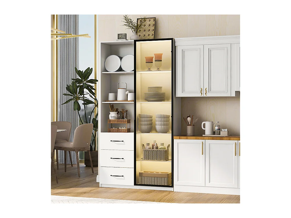 Vitrine LED bibliothèque porte verre trempé LED 3 tiroirs 3 compartiments aluminium LED multicolores charnières douces cuisine