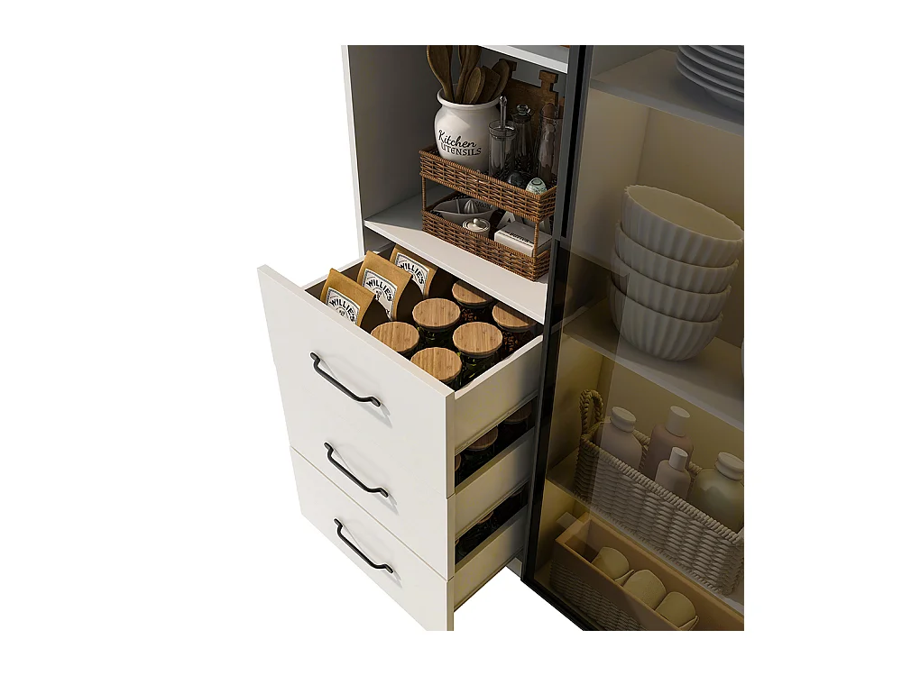 Vitrine LED bibliothèque porte verre trempé LED 3 tiroirs 3 compartiments aluminium LED multicolores charnières douces cuisine